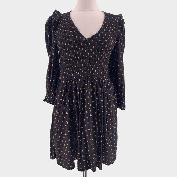 Madewell Lucie V-Neck Smocked Mini Dress in Oval Dot Orange Black S - Picture 4 of 14